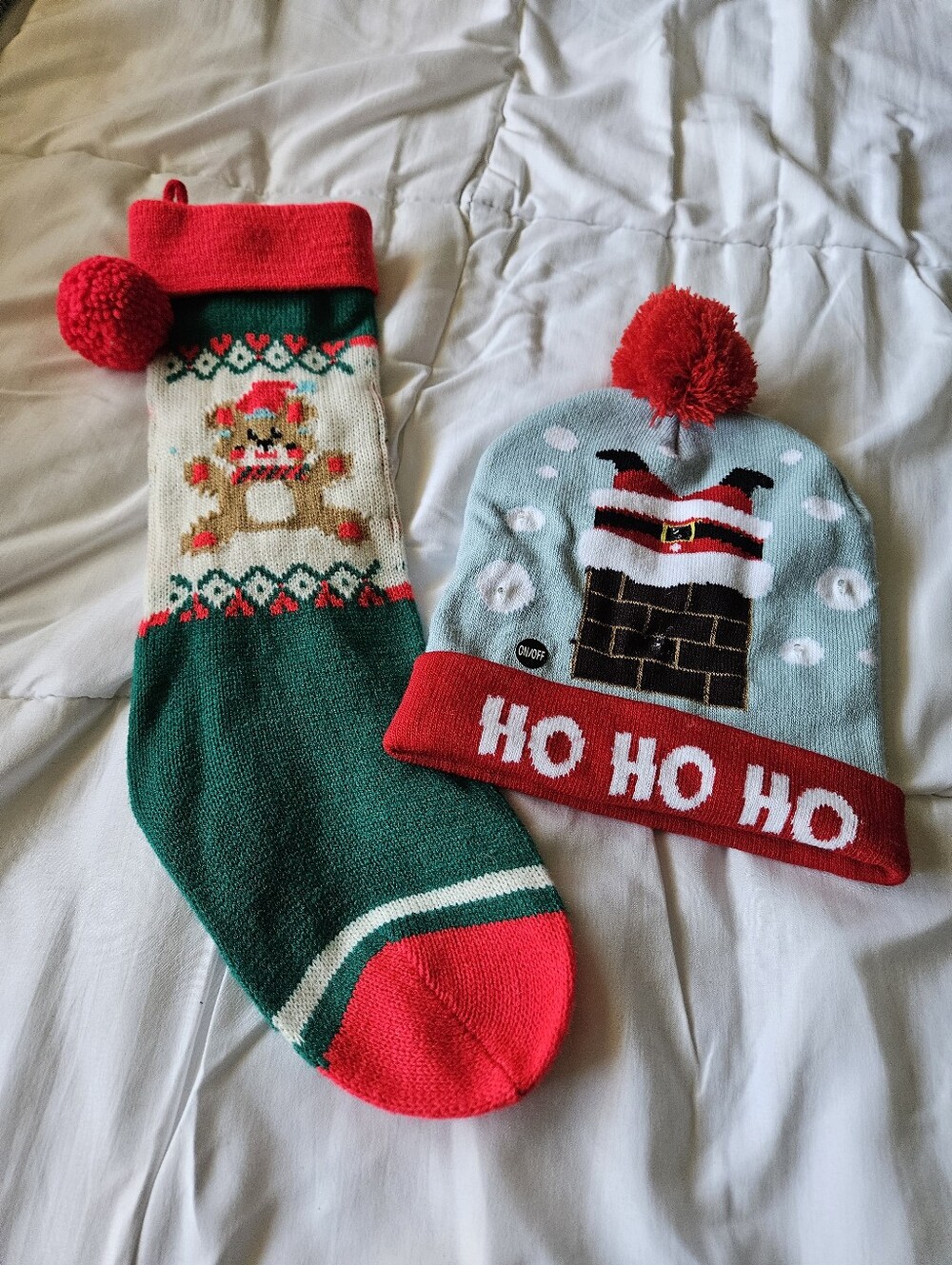 Light Up Santa Beanie Hat & Vintage Knit Teddy Bear Christmas Stocking Set